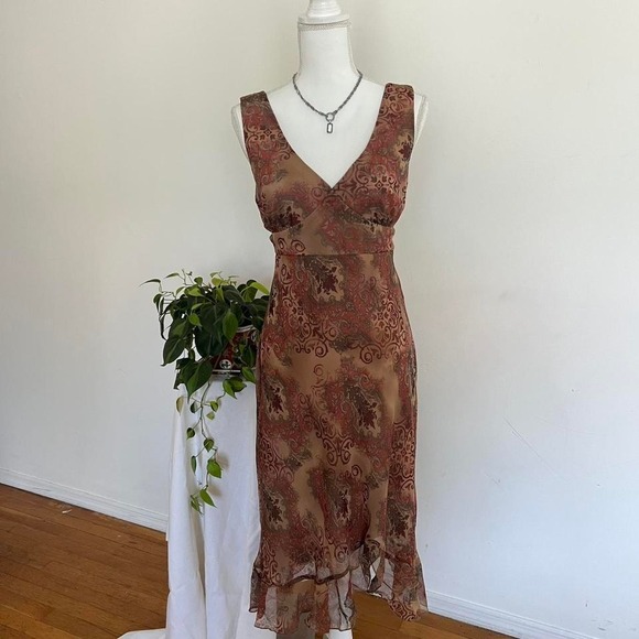 New York & Company Dresses & Skirts - Vintage Y2K 90s Orange Brown Paisley Midi Dress with Sheer Ruffle Hem M Fairy